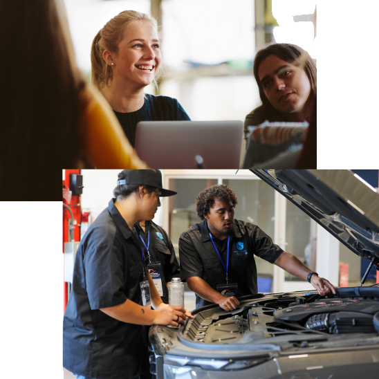 Two photos upper left: A blond student smiling on her Macbook, bottom right: auto students looking inside a car engine.