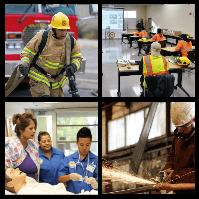 Collage showing hands-on workforce training, including a firefighter in gear, students in a safety training classroom, nursing students practicing patient care, and a worker welding metal.
