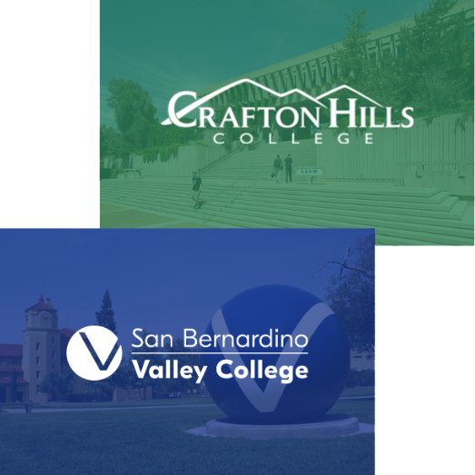 A light green overlay with Crafton Hills College logo over CHC and a light blue overlay with San Bernardino Valley College logo over the SBVC Auditorium and Vball