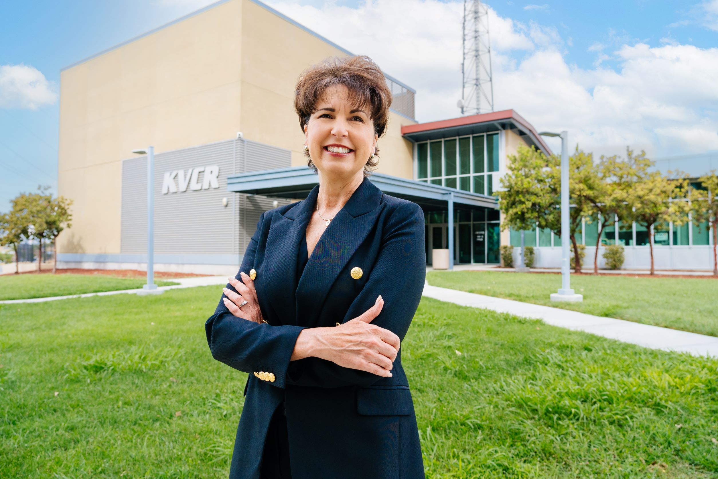 Connie Leyva in front of the KVCR studio, located at San Bernardino Valley College